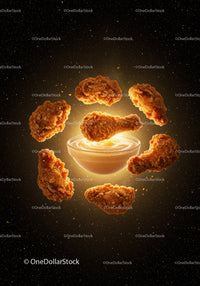Crispy fried chicken drumsticks surrounding creamy sauce bowl