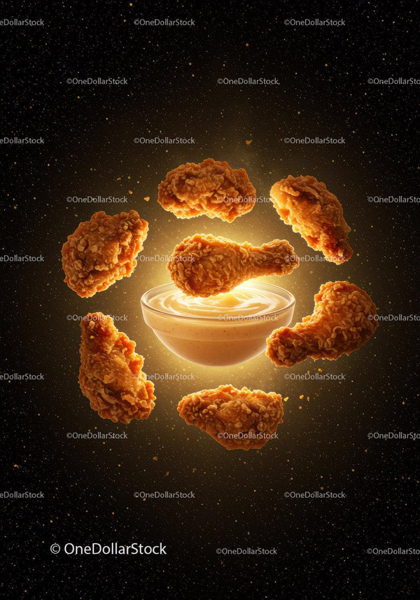 Crispy fried chicken drumsticks surrounding creamy sauce bowl