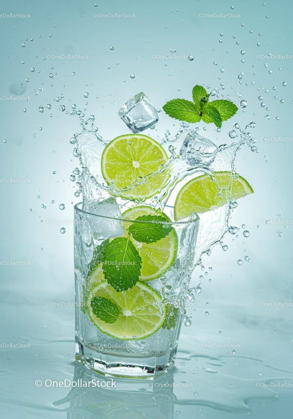 Fresh lime and mint splash with ice cubes in glass