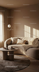 Cozy beige living room with curved sofa and soft light