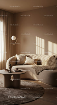 Cozy beige living room with curved sofa and soft light