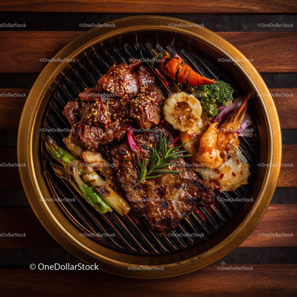 Appetizing Mixed Grilled Seafood and Meat Platter on Wooden Table