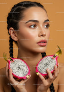 Beautiful Woman Holding Fresh Dragon Fruit for Skincare and Wellness