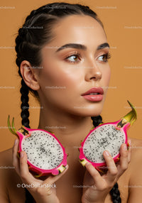 Beautiful Woman Holding Fresh Dragon Fruit for Skincare and Wellness