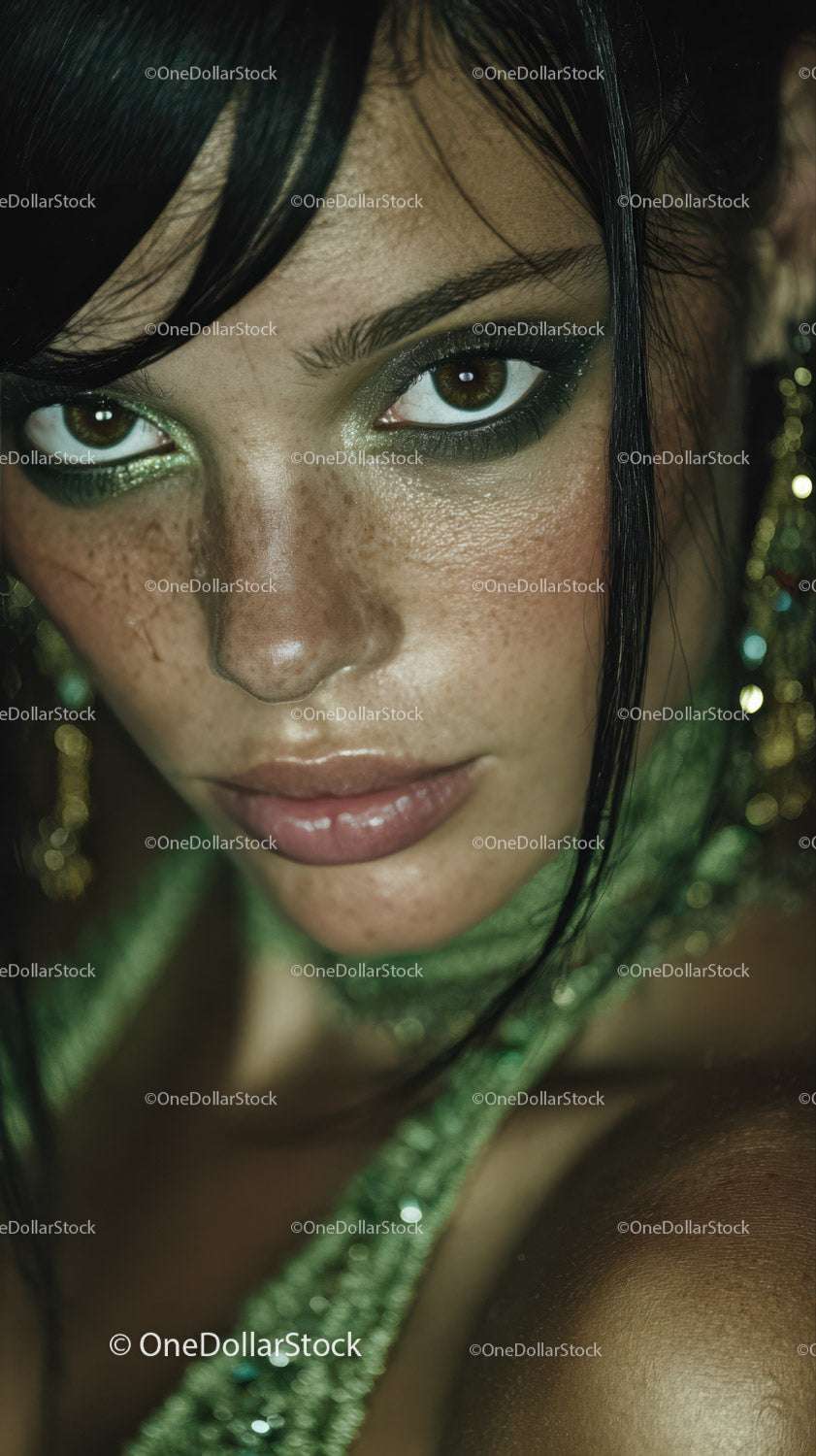 Striking Female Portrait with Green Eyeshadow and Intense Gaze