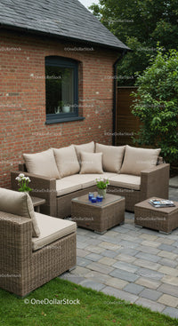 Modern Outdoor Wicker Sofa Set in Lush Garden Relaxation Space