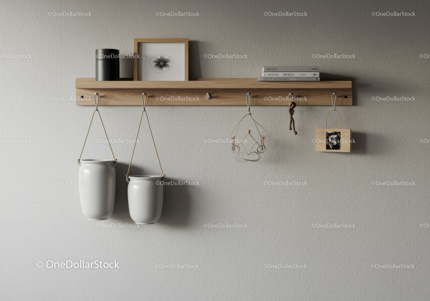 Modern Wooden Wall Shelf with Ceramic Vases and Wall Hooks
