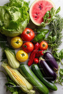 Fresh Vegetables and Fruit Assortment with Watermelon and Herbs