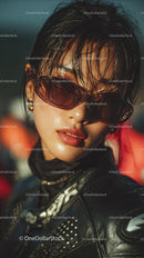 Confident Female Rider in Sunglasses with Motorcycle Gear