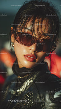 Confident Female Rider in Sunglasses with Motorcycle Gear