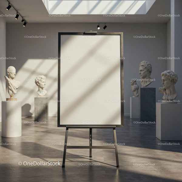 Empty Canvas on Easel in Bright Museum Gallery JPG Mockup Image