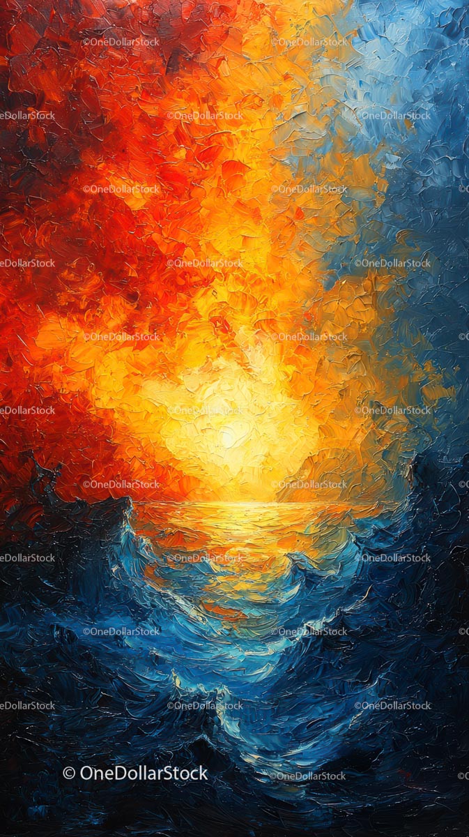 Vivid Ocean Sunset with Turbulent Blue Waves and Fiery Sky