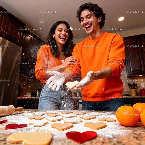 Couple Joyfully Baking Heart-shaped Cookies Together