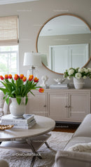 Elegant Living Room Decor with Tulips and Modern Round Mirror