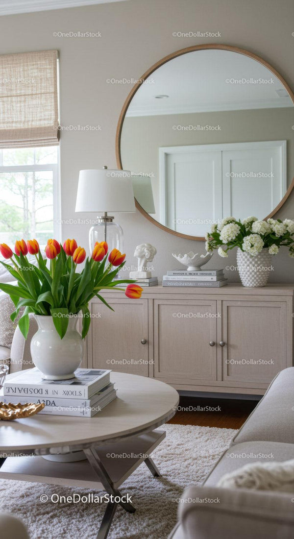 Elegant Living Room Decor with Tulips and Modern Round Mirror