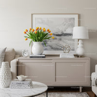 Elegant Living Room with Beige Sideboard and Bright Tulips Large Art