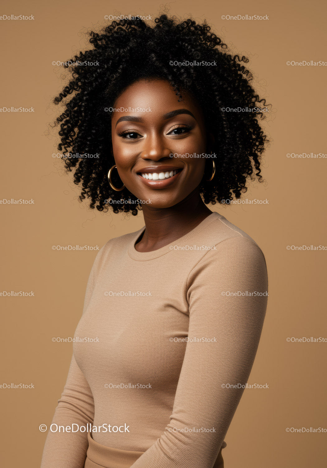 Portrait of a Smiling Black Woman with Curly Hair in Beige Top