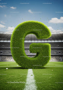 G shaped grass sculpture on soccer stadium field