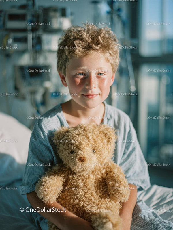 Child Holding Teddy Bear in Hospital Room with Bright Atmosphere