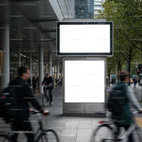 Urban commuters cycling past empty city billboards