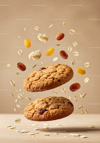 Oatmeal raisin cookies with floating ingredients close up