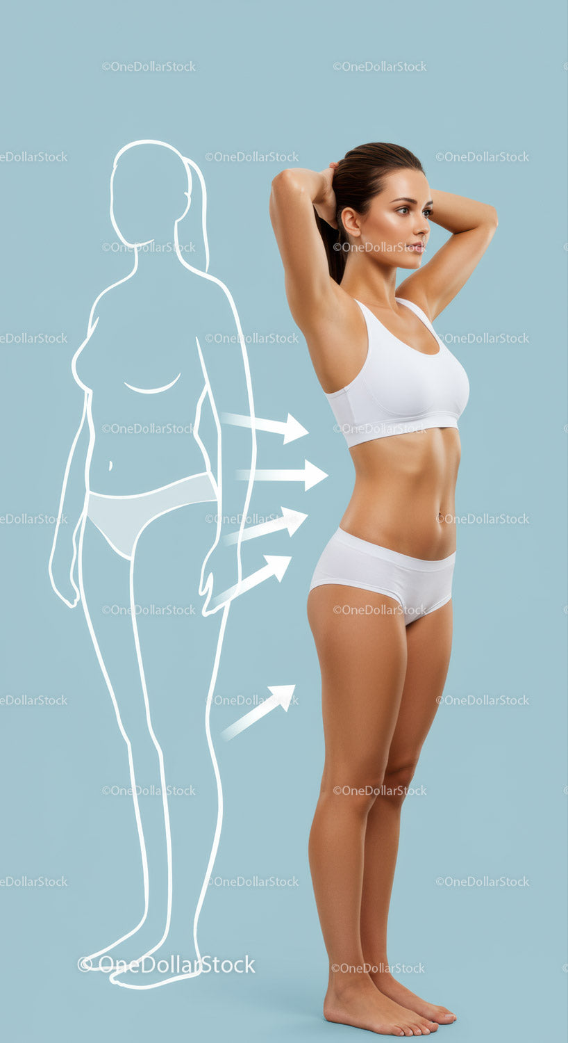 Fit Woman Performing Fitness Pose with Body Diagram on Light Blue Background