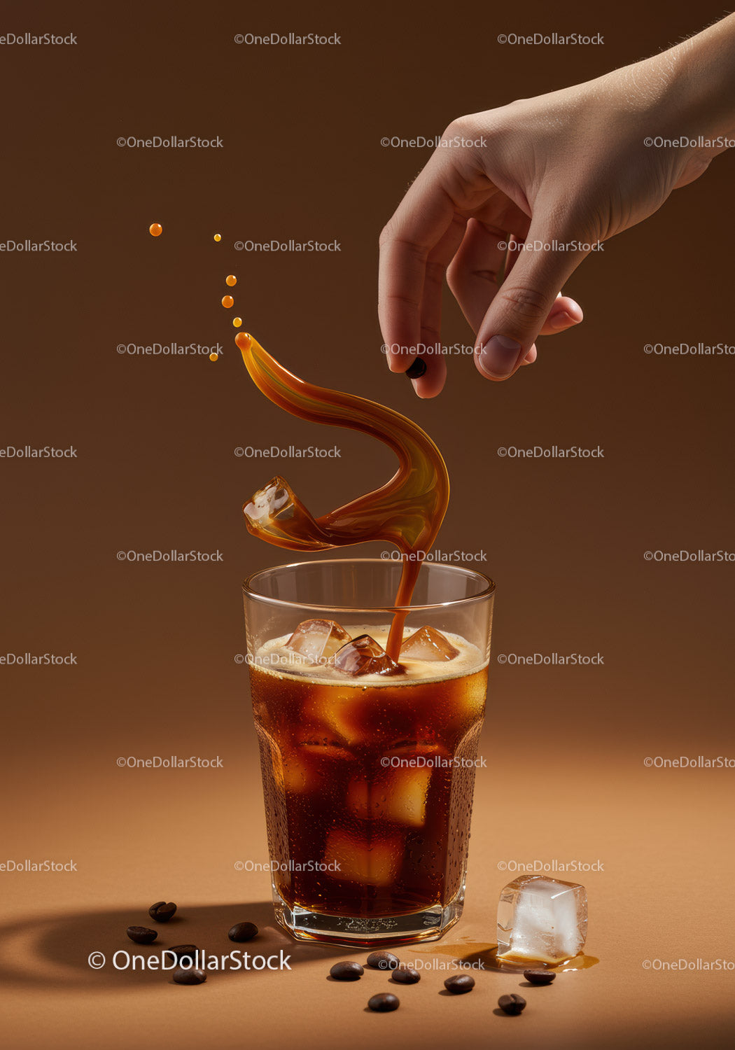 Cold brew coffee with ice and coffee beans on brown background