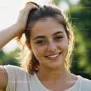 Young Smiling Woman in Outdoors with Green Foliage for Summer Concept