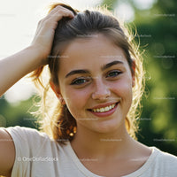 Young Smiling Woman in Outdoors with Green Foliage for Summer Concept