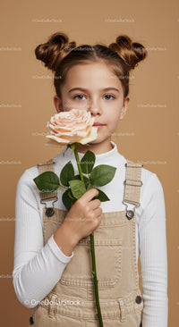 Young Girl with Pale Peach Rose Portrait on Soft Beige Background