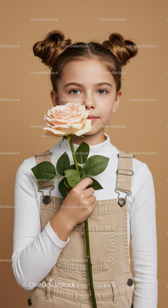 Young Girl with Pale Peach Rose Portrait on Soft Beige Background