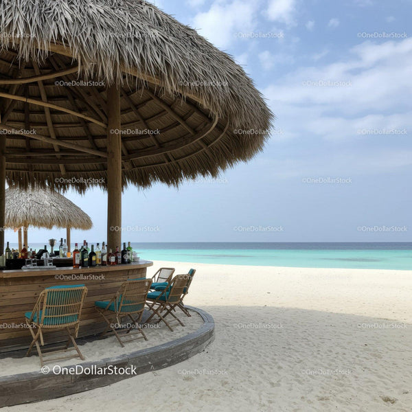 Tropical Beach Bar with Straw Umbrellas and Ocean View