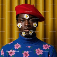 Fashion portrait of man with daisy flowers on face