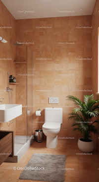 Modern Bathroom with Terracotta Tiles and Green Plant