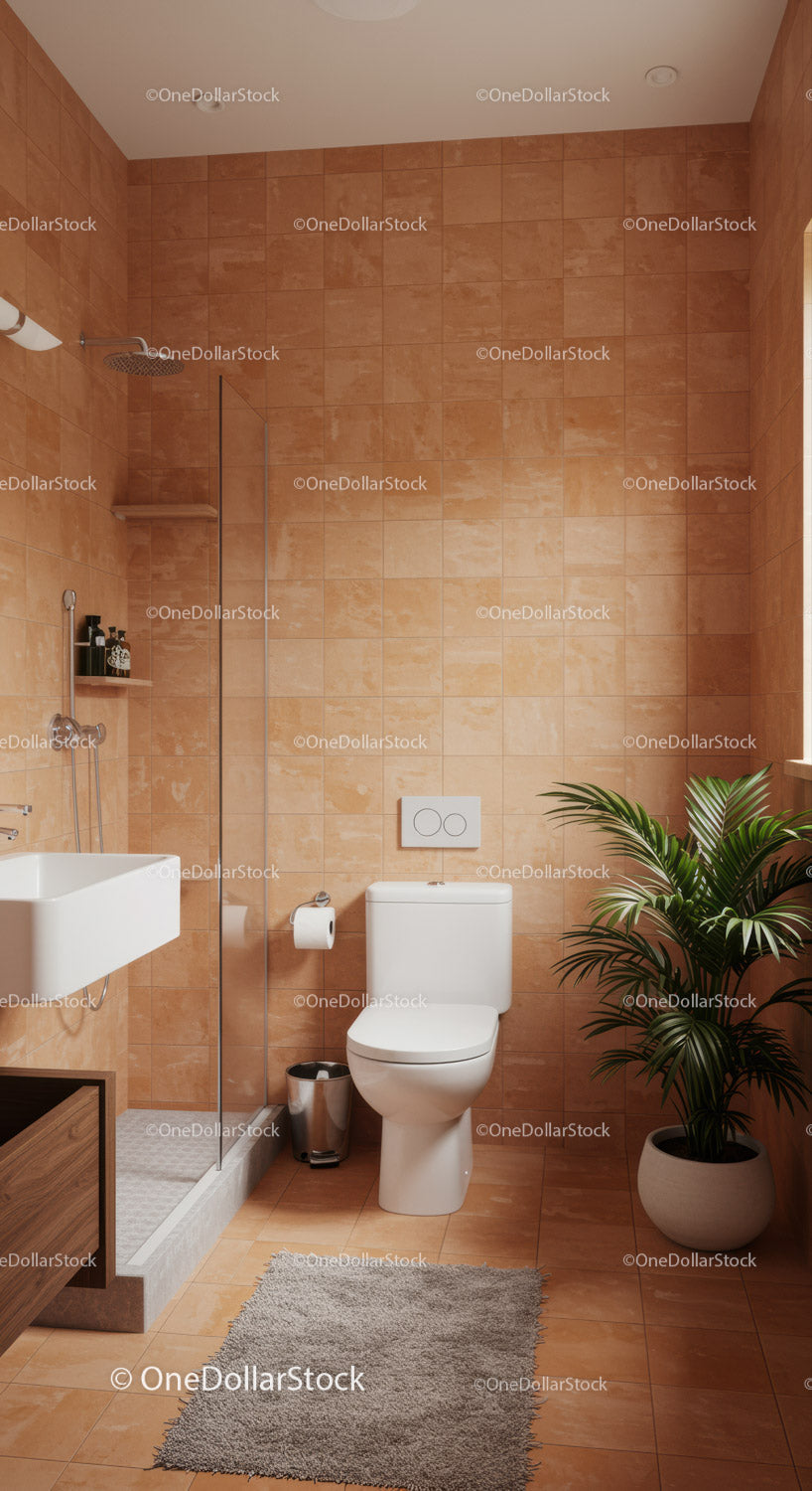 Modern Bathroom with Terracotta Tiles and Green Plant