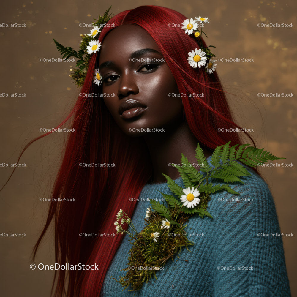 Elegant Portrait of a Woman with Red Hair and Floral Accessories