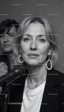 Confident Female Speaker at Press Conference in Formal Attire