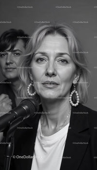 Confident Female Speaker at Press Conference in Formal Attire