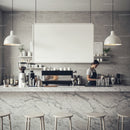 Minimalist coffee shop counter with barista working