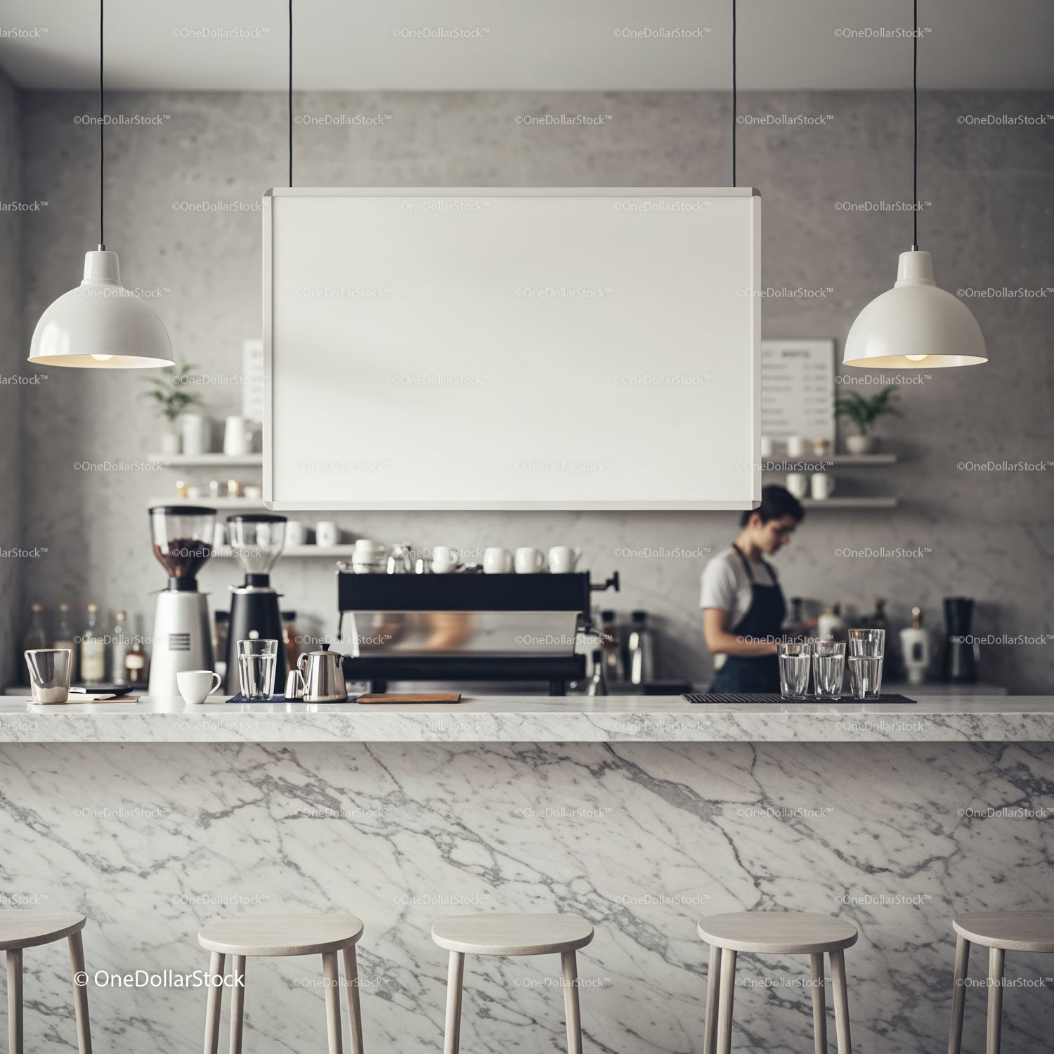 Minimalist coffee shop counter with barista working
