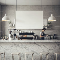 Minimalist coffee shop counter with barista working