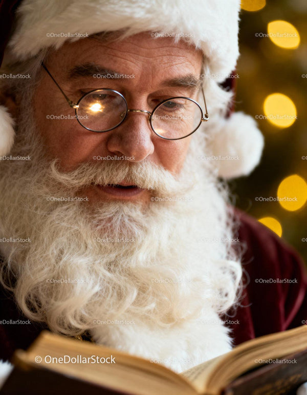 Santa Claus Reading a Christmas Storybook by Tree Lights