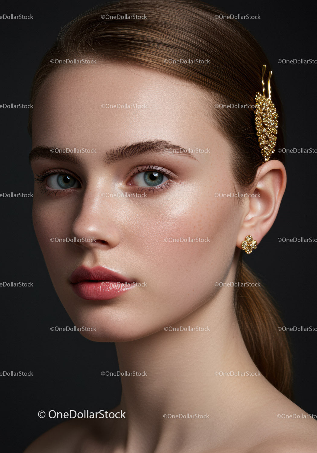 Elegant Woman Wearing Gold Jewelry with Flawless Skin and Blue Eyes