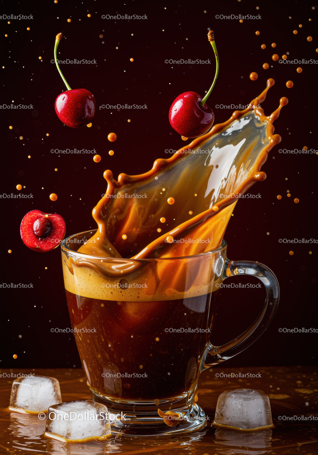 Fresh cherries splashing into iced coffee drink