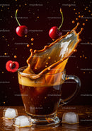 Fresh cherries splashing into iced coffee drink