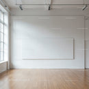 Bright empty room with large white wall and wooden floor