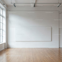 Bright empty room with large white wall and wooden floor