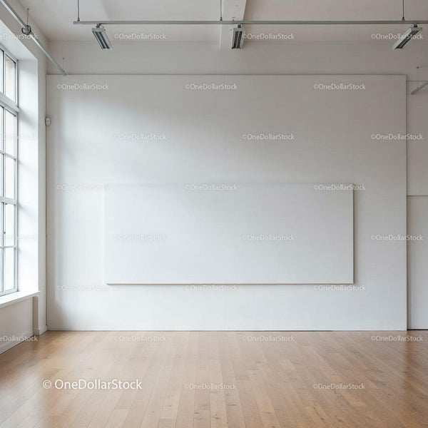 Bright empty room with large white wall and wooden floor JPG Mockup Image