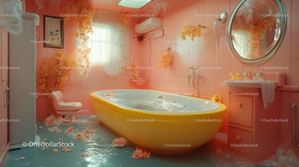 Retro Bathroom With Yellow Bathtub And Orange Flowers