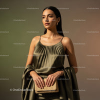 Elegant Woman in Sleek Dress Holding Woven Clutch in Outdoor Setting